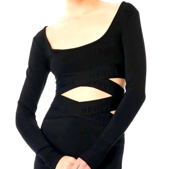 NWT HERVE LEGER BLACK LONG SLEEVE BANDAGE BODYCON CROP TOP EMBROID… - Picture 3 of 12
